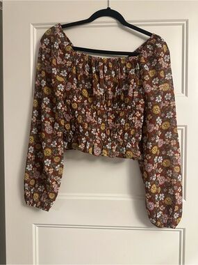 Hollister Floral Smocked Long-Sleeve Crop Top - Brown and Yellow